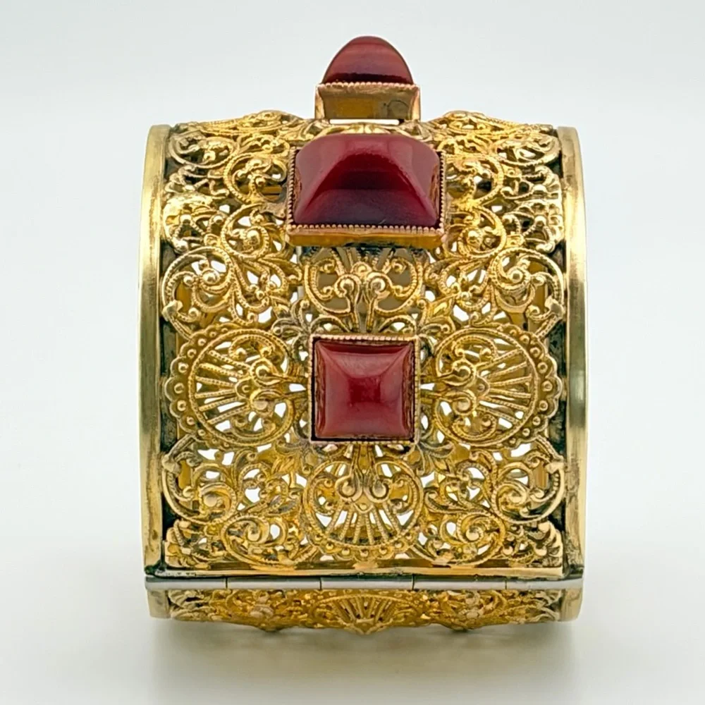 RARE Vintage Napier Gold Plated Brass Filigree Cuff With Carnelian Cabochons. - Picture 6 of 13